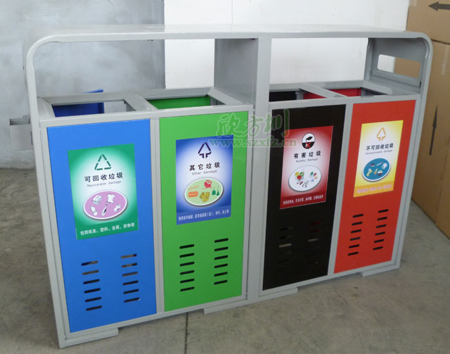 樂(lè)山萬(wàn)人小區(qū)戶(hù)外鋼制四分類(lèi)垃圾桶欣方圳工廠(chǎng)成品圖